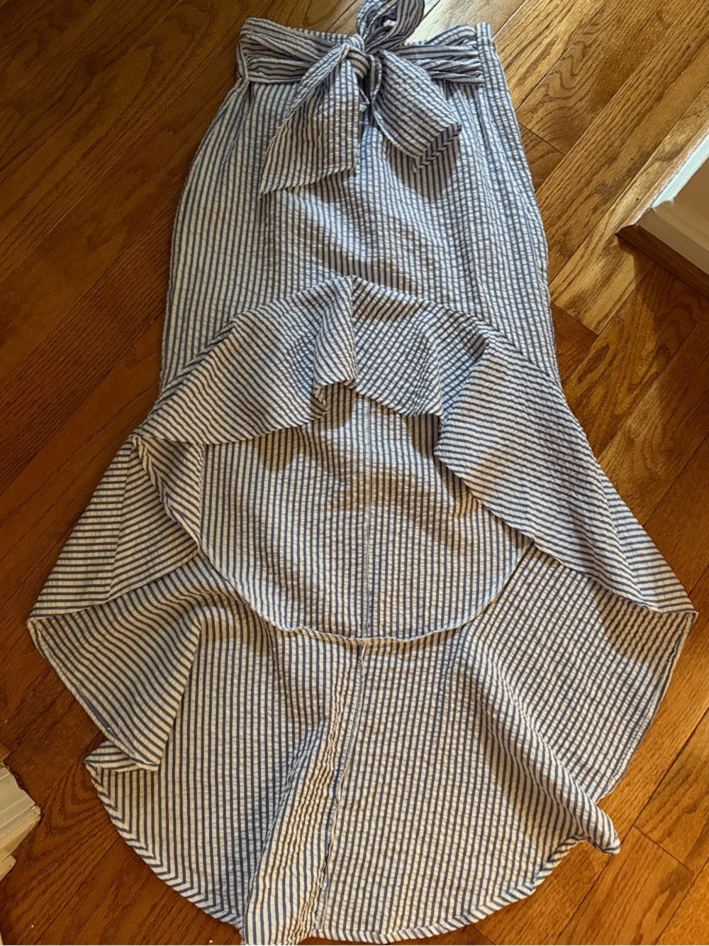 VENUS Blue and White Striped High-Low Ruffle Skirt with Waist Tie